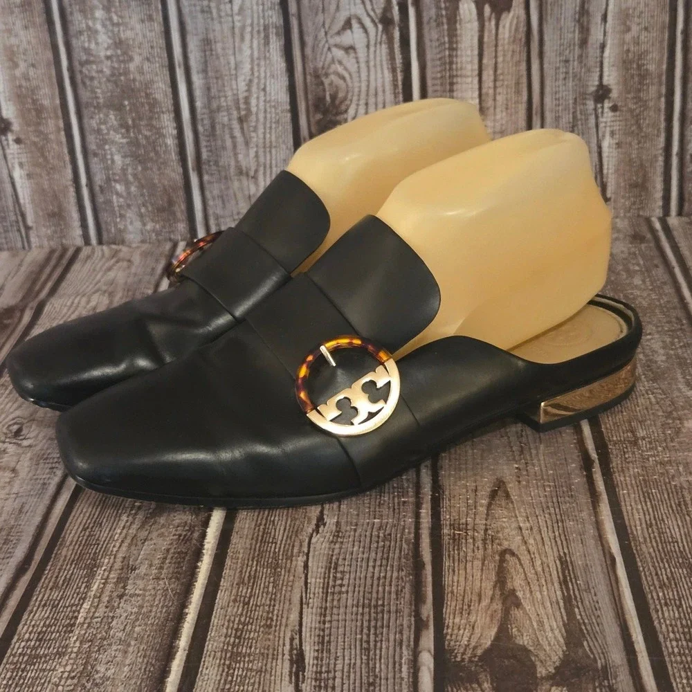 Sz 8 M Womens Tory Burch Sidney Black Leather Logo Buckle Mules Flats Shoes